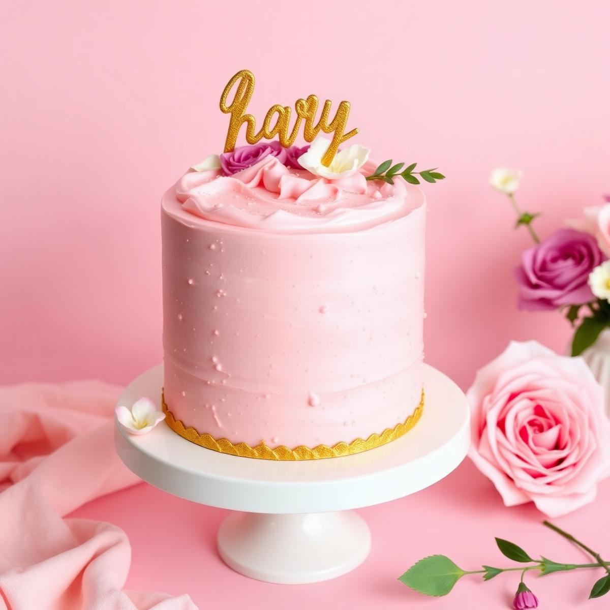 Bolo de festa com cobertura rosa e detalhes dourados