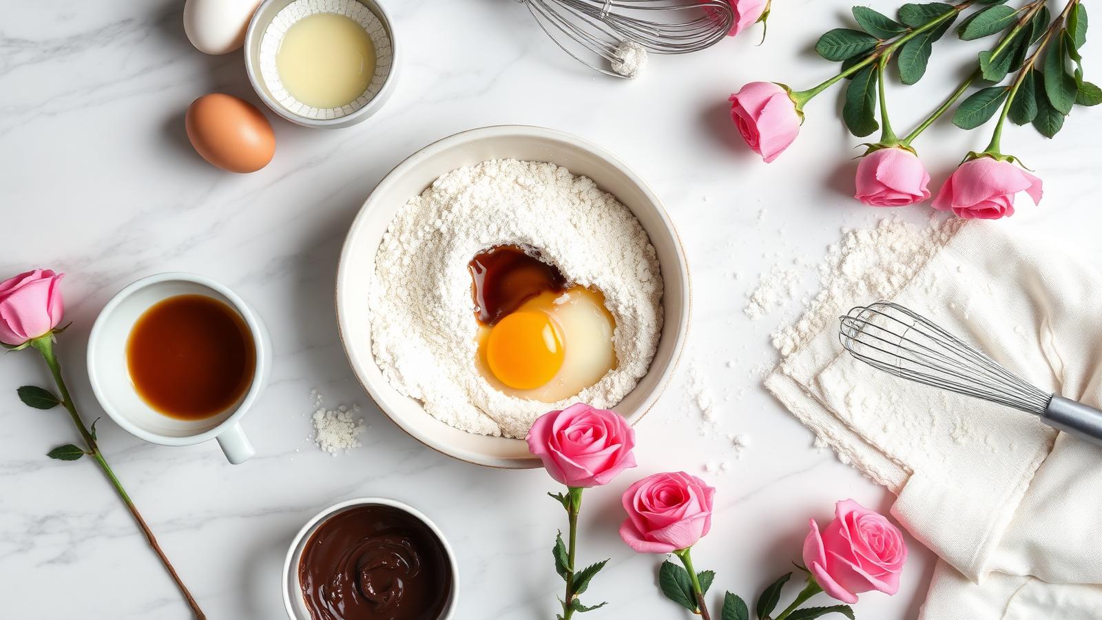 Flat lay de ingredientes de confeitaria em mármore com rosas cor-de-rosa