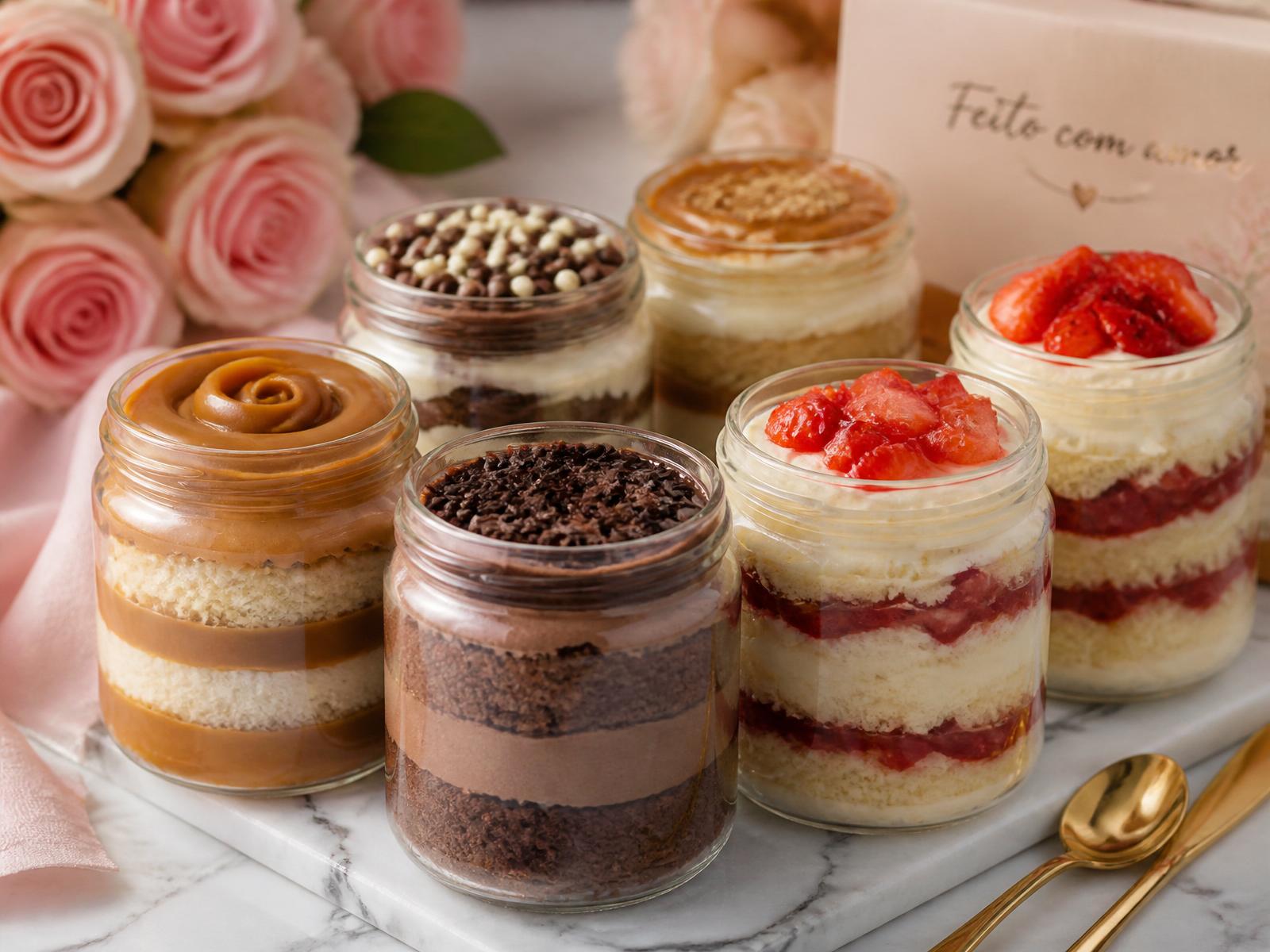 Bolos no pote decorados com frutas, chocolate e doce de leite sobre mármore